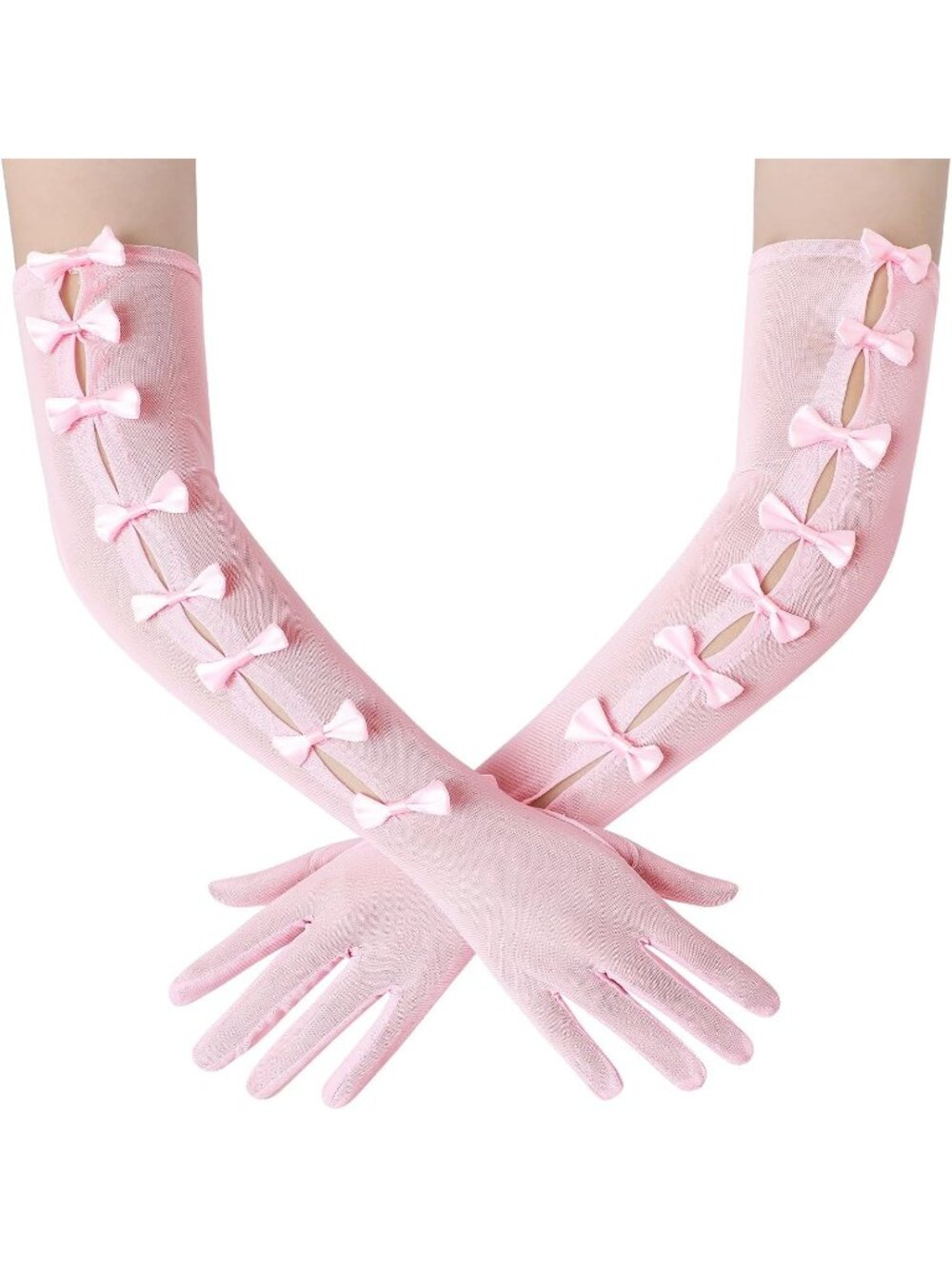 Womens Pink Long Tulle Mesh Opera 1920s Flapper Cutout Ribbon Bows Lace Gloves